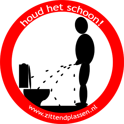 De ronde sticker verboden staand te plassen van zittendplassen.nl